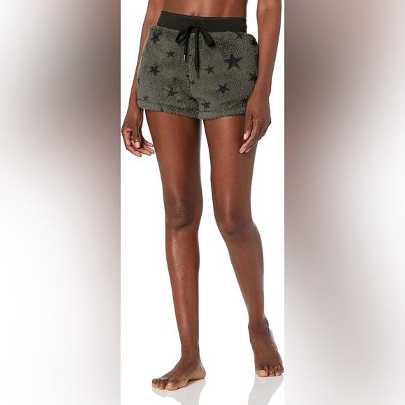PJ Salvage Pajama Shorts Fuzzy Fleece Lounge Star Print in Olive, size S, NWT! - Picture 2 of 9